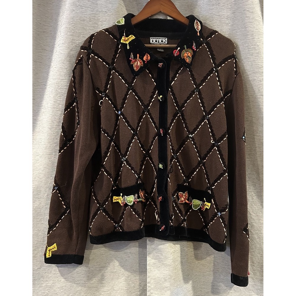 Berek Cardigan Fall Sweater Brown Beaded Embellished Thanksgiving Grannycore Vtg